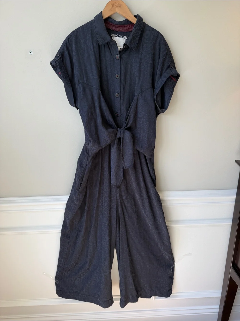 Ett:Twa James by Anthropologie Tie-Waist Button-Front Jumpsuit, Dark Navy Sz 12 - Picture 4 of 15